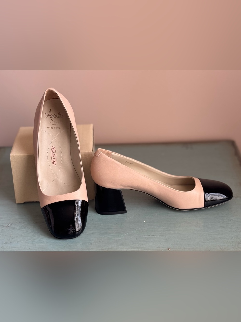Amalfi by Rangoni Beccaccino Cap Toe Pump 7.5 Made in Italy Black & Tan Leather